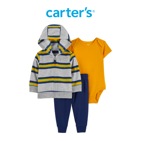  Set 3 Gồm Bodysuit Bé Trai Màu Vàng Kèm Quần Dài Xanh Và Áo Khoác Có Nón Màu Xám Carter's 0-24M 