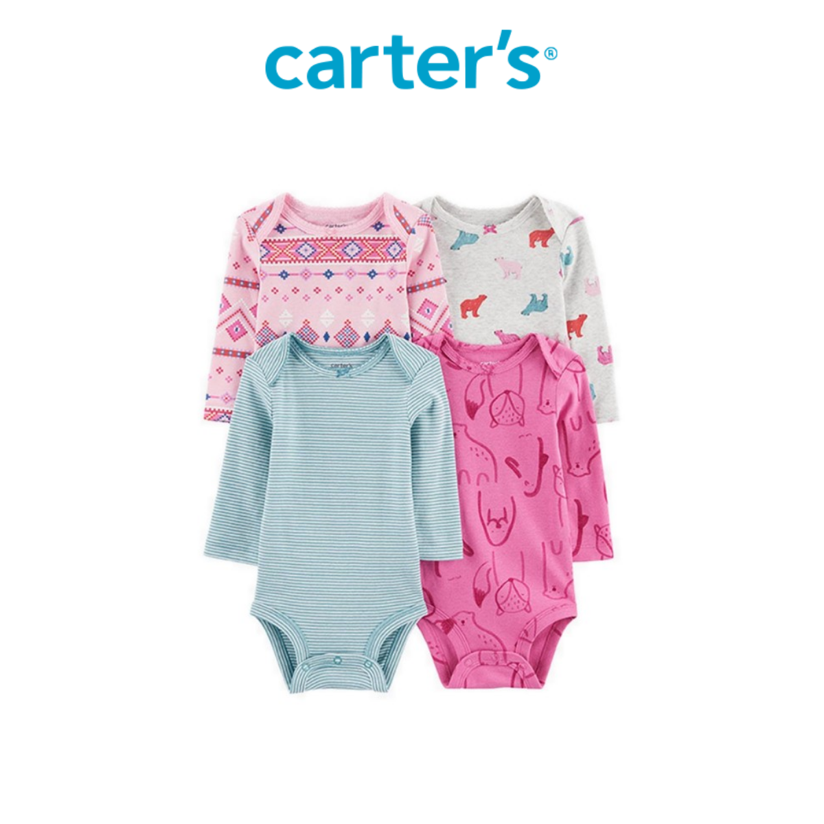 Set 4 Bodysuit Liền Quần Tay Dài Bé Gái Nhiều Màu Hình Động Vật Carter's 0-24M