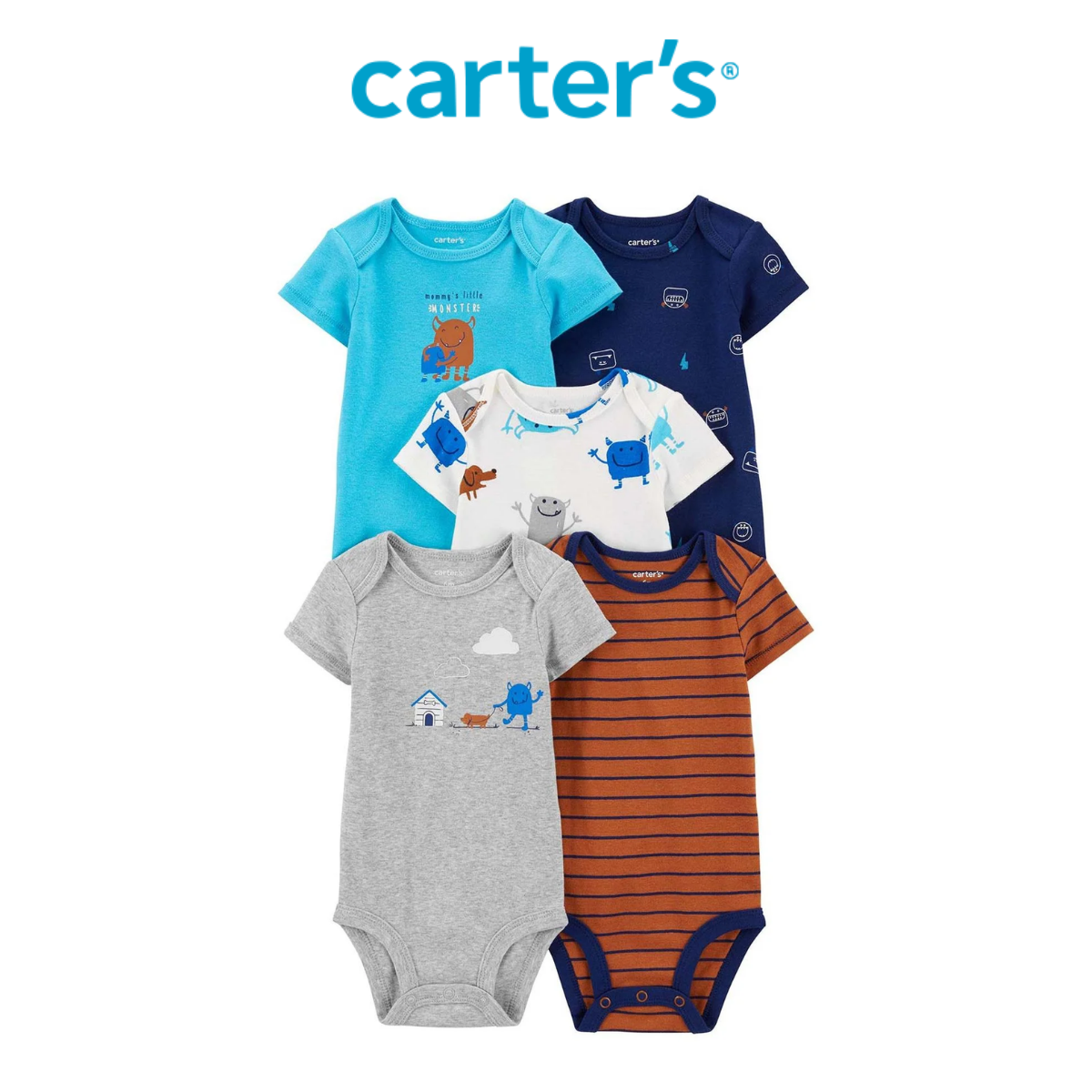 Set 5 Bodysuit Liền Quần Bé Trai Nhiều Màu Hình Quái Vật Carter's 0-24M