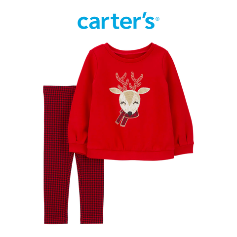  Set Áo Tay Dài Bé Gái Màu Đỏ Kèm Quần Dài Màu Ca Rô Đỏ Carter's 0-24M 