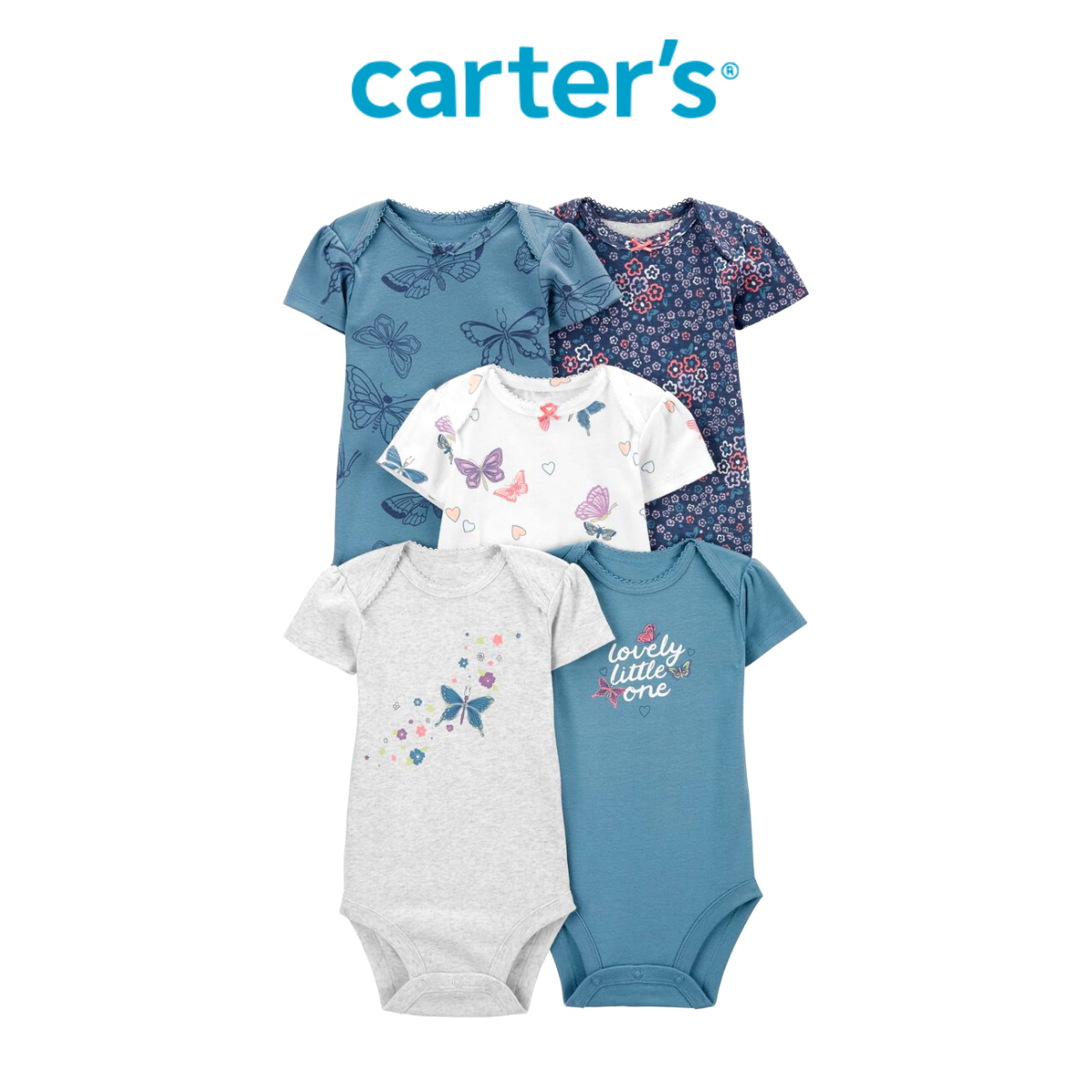 Set 5 Bodysuit Liền Quần Bé Gái Màu Xanh Dương Và Trắng Hình Bướm Carter's 0-24M