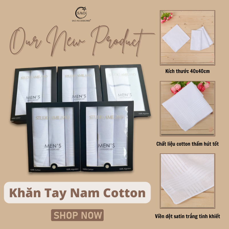 Combo 3 Khăn Mùi Xoa Khăn Tay Cotton Mềm Mại Thấm Hút Tốt Màu Trắng Tinh Dành Cho Nam Giới Luxury