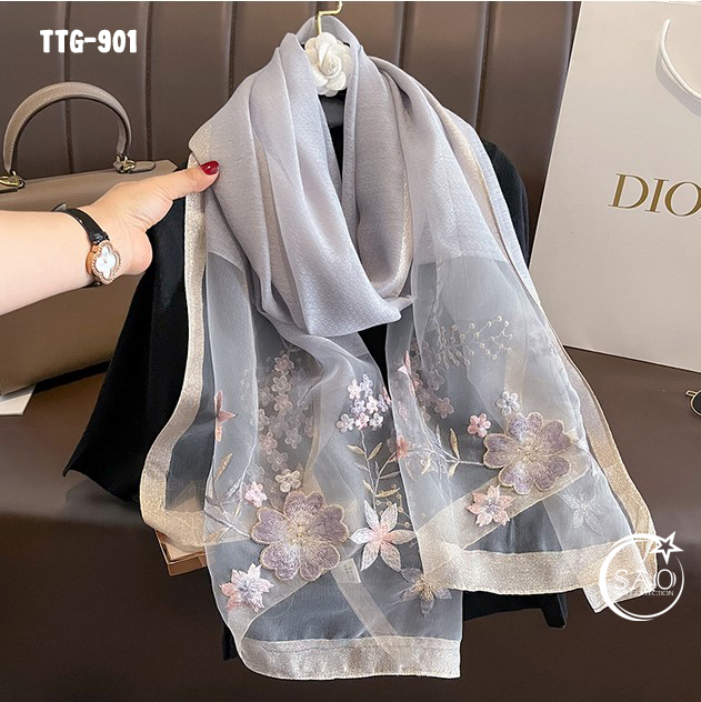 Khăn Choàng Tơ Tằm Gân Thêu Hoa Cao Cấp (TTG901)