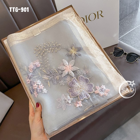 Khăn Choàng Tơ Tằm Gân Thêu Hoa Cao Cấp (TTG901)