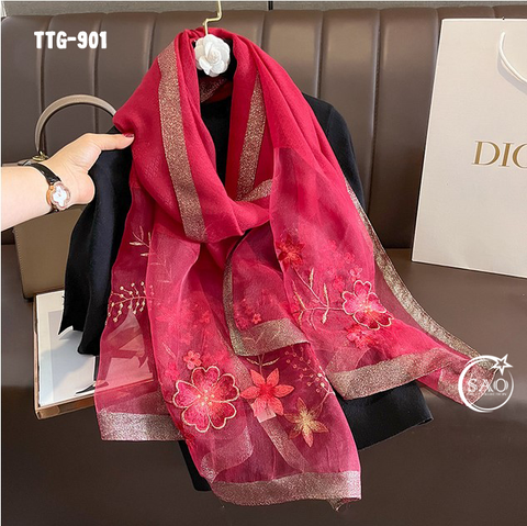 Khăn Choàng Tơ Tằm Gân Thêu Hoa Cao Cấp (TTG901)
