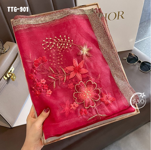 Khăn Choàng Tơ Tằm Gân Thêu Hoa Cao Cấp (TTG901)