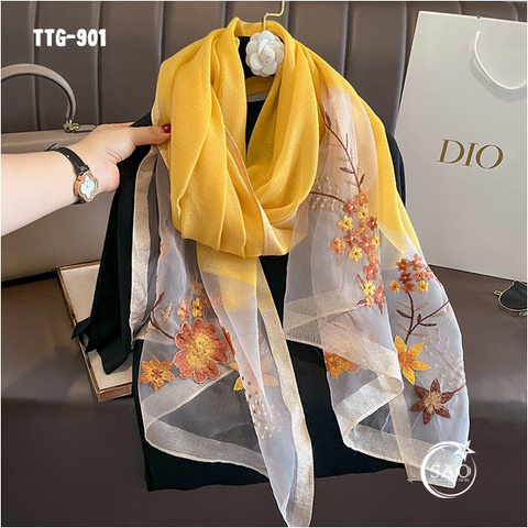 Khăn Choàng Tơ Tằm Gân Thêu Hoa Cao Cấp (TTG901)