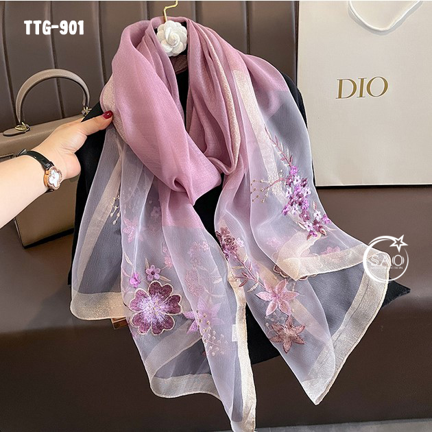 Khăn Choàng Tơ Tằm Gân Thêu Hoa Cao Cấp (TTG901)