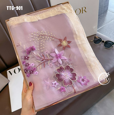 Khăn Choàng Tơ Tằm Gân Thêu Hoa Cao Cấp (TTG901)
