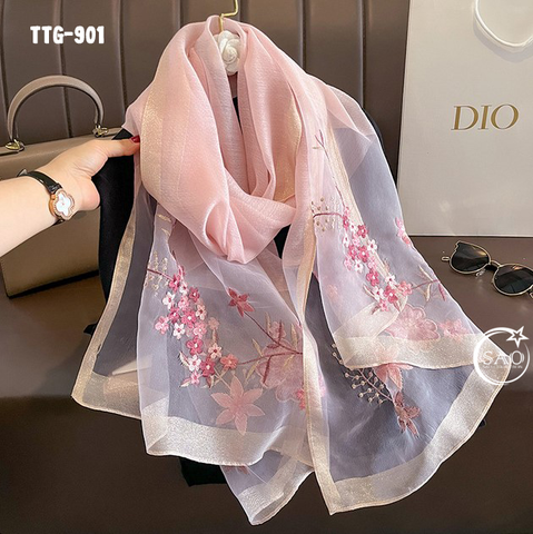 Khăn Choàng Tơ Tằm Gân Thêu Hoa Cao Cấp (TTG901)
