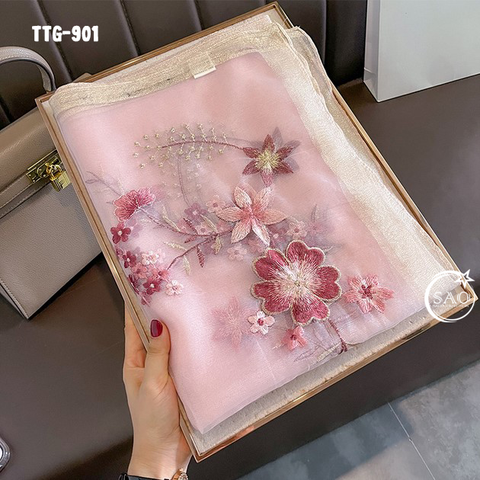 Khăn Choàng Tơ Tằm Gân Thêu Hoa Cao Cấp (TTG901)