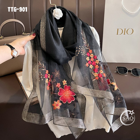 Khăn Choàng Tơ Tằm Gân Thêu Hoa Cao Cấp (TTG901)