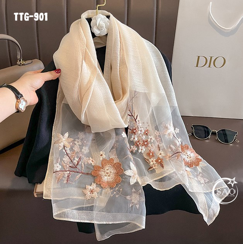 Khăn Choàng Tơ Tằm Gân Thêu Hoa Cao Cấp (TTG901)