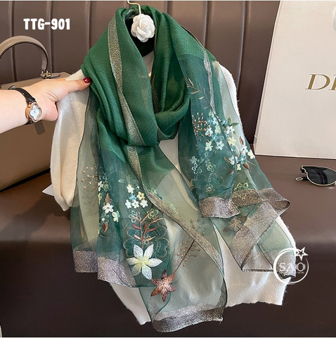 Khăn Choàng Tơ Tằm Gân Thêu Hoa Cao Cấp (TTG901)