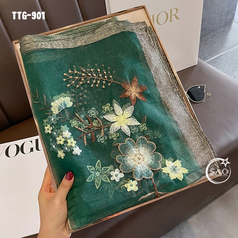 Khăn Choàng Tơ Tằm Gân Thêu Hoa Cao Cấp (TTG901)