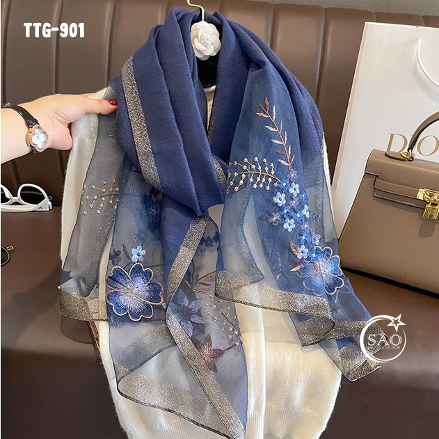 Khăn Choàng Tơ Tằm Gân Thêu Hoa Cao Cấp (TTG901)