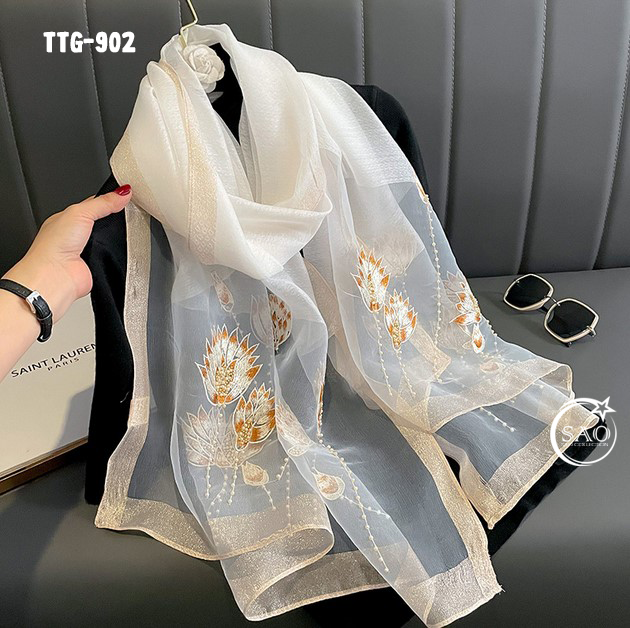 Khăn Choàng Tơ Tằm Gân Thêu Hoa Cao Cấp (TTG902)