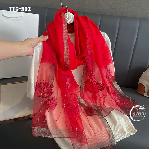 Khăn Choàng Tơ Tằm Gân Thêu Hoa Cao Cấp (TTG902)