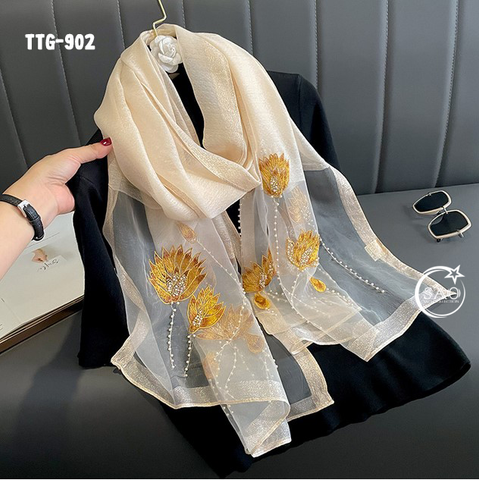 Khăn Choàng Tơ Tằm Gân Thêu Hoa Cao Cấp (TTG902)