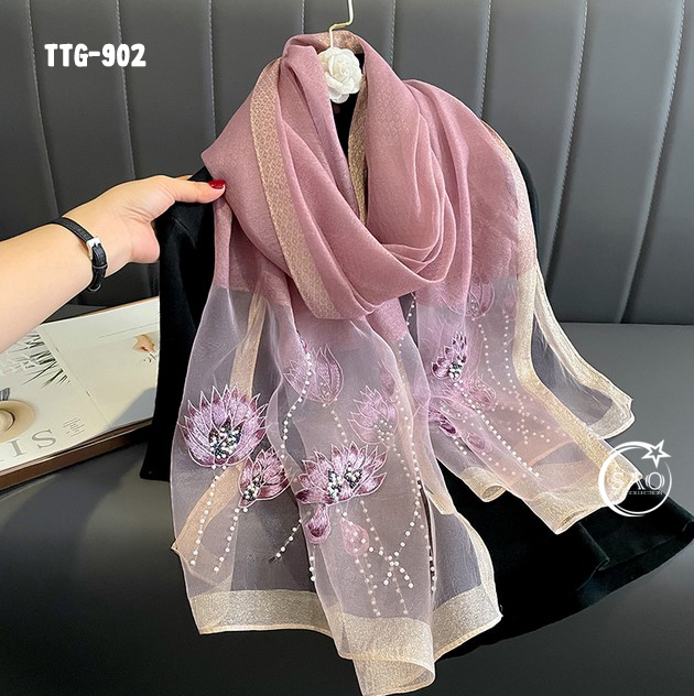 Khăn Choàng Tơ Tằm Gân Thêu Hoa Cao Cấp (TTG902)