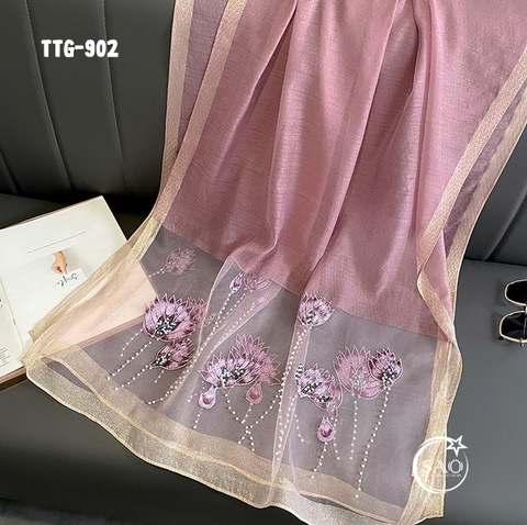 Khăn Choàng Tơ Tằm Gân Thêu Hoa Cao Cấp (TTG902)