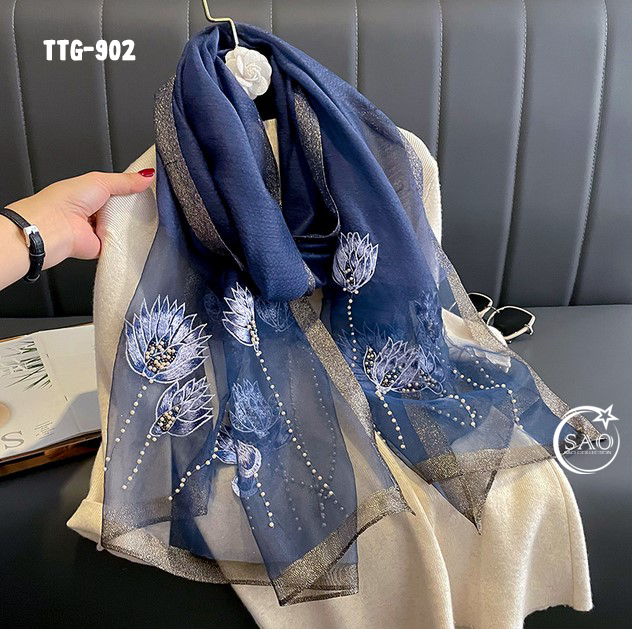 Khăn Choàng Tơ Tằm Gân Thêu Hoa Cao Cấp (TTG902)