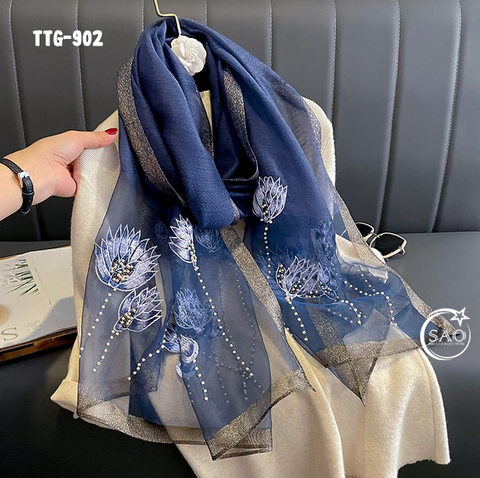 Khăn Choàng Tơ Tằm Gân Thêu Hoa Cao Cấp (TTG902)