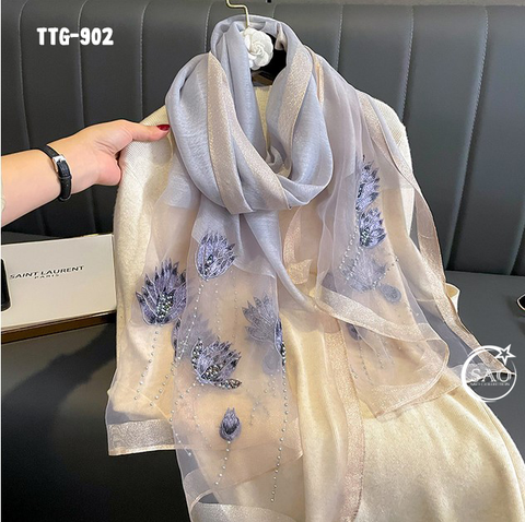 Khăn Choàng Tơ Tằm Gân Thêu Hoa Cao Cấp (TTG902)