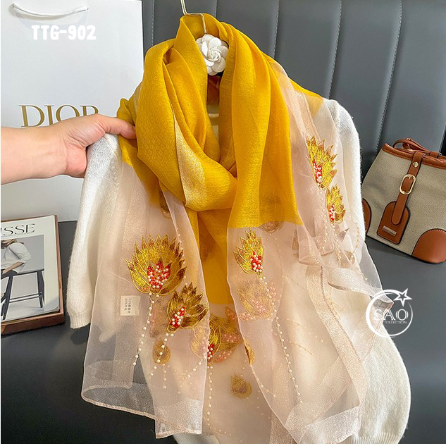 Khăn Choàng Tơ Tằm Gân Thêu Hoa Cao Cấp (TTG902)
