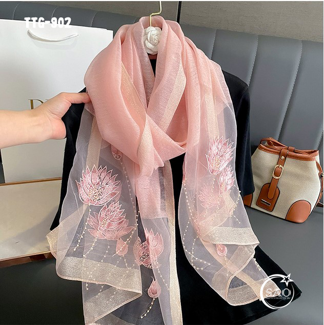 Khăn Choàng Tơ Tằm Gân Thêu Hoa Cao Cấp (TTG902)