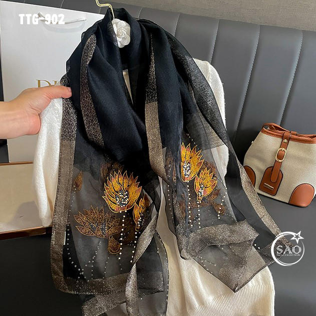 Khăn Choàng Tơ Tằm Gân Thêu Hoa Cao Cấp (TTG902)
