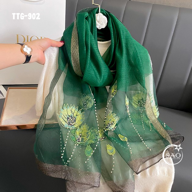 Khăn Choàng Tơ Tằm Gân Thêu Hoa Cao Cấp (TTG902)