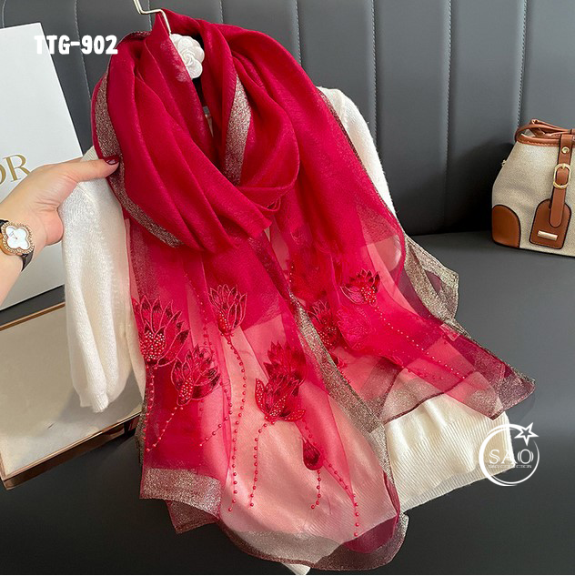 Khăn Choàng Tơ Tằm Gân Thêu Hoa Cao Cấp (TTG902)