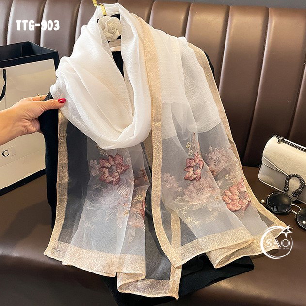 Khăn Choàng Tơ Tằm Gân Thêu Hoa Cao Cấp (TTG903)