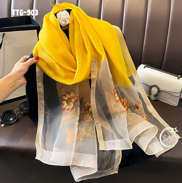 Khăn Choàng Tơ Tằm Gân Thêu Hoa Cao Cấp (TTG903)