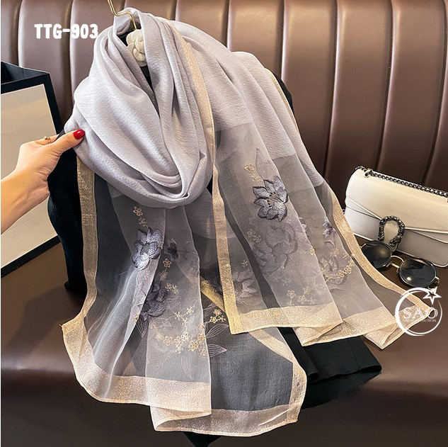 Khăn Choàng Tơ Tằm Gân Thêu Hoa Cao Cấp (TTG903)