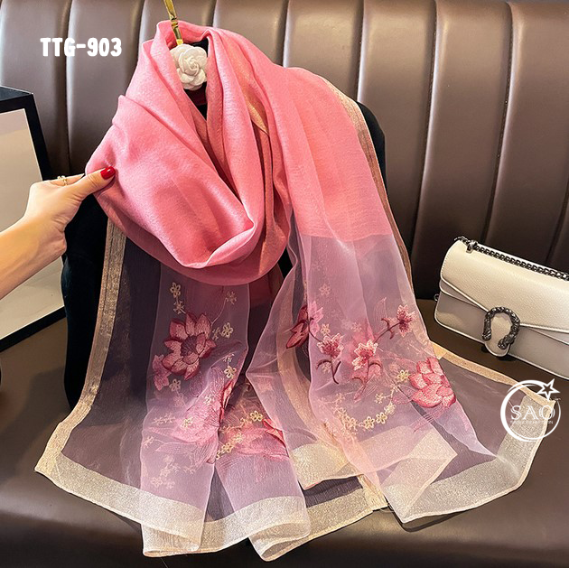 Khăn Choàng Tơ Tằm Gân Thêu Hoa Cao Cấp (TTG903)