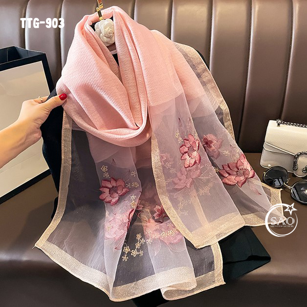 Khăn Choàng Tơ Tằm Gân Thêu Hoa Cao Cấp (TTG903)