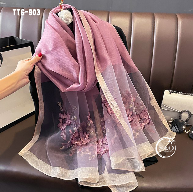 Khăn Choàng Tơ Tằm Gân Thêu Hoa Cao Cấp (TTG903)