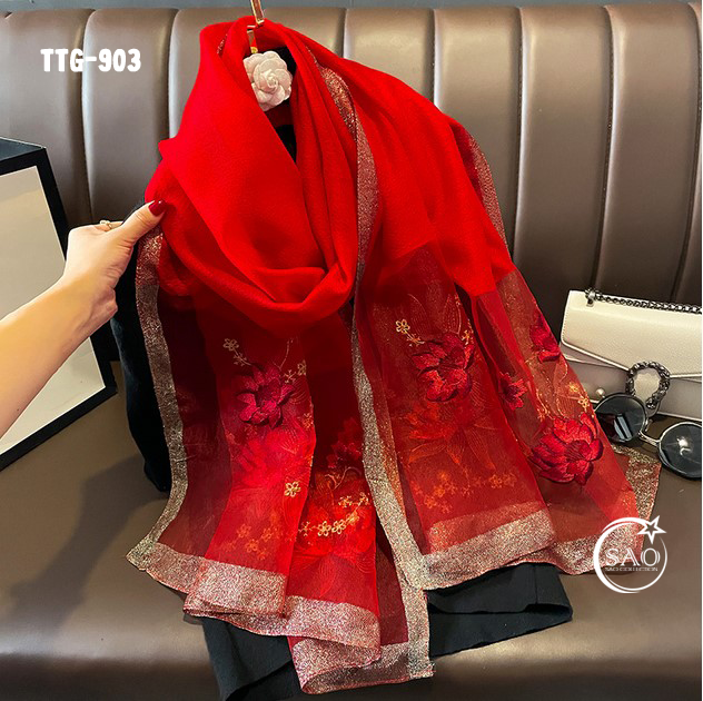 Khăn Choàng Tơ Tằm Gân Thêu Hoa Cao Cấp (TTG903)