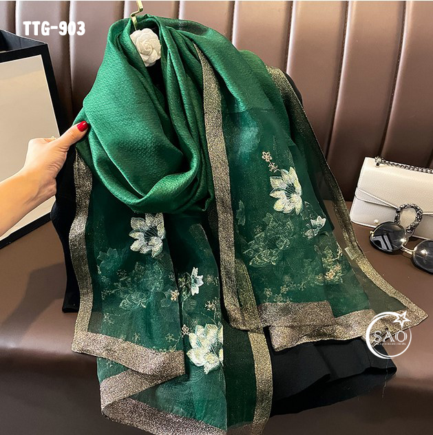 Khăn Choàng Tơ Tằm Gân Thêu Hoa Cao Cấp (TTG903)