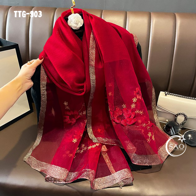 Khăn Choàng Tơ Tằm Gân Thêu Hoa Cao Cấp (TTG903)