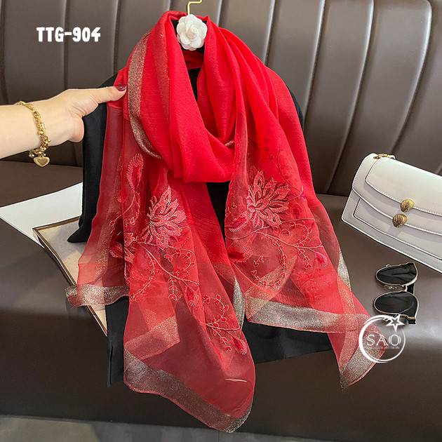 Khăn Choàng Tơ Tằm Gân Thêu Hoa Cao Cấp (TTG904)
