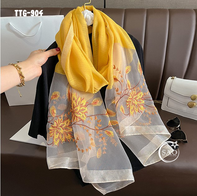 Khăn Choàng Tơ Tằm Gân Thêu Hoa Cao Cấp (TTG904)