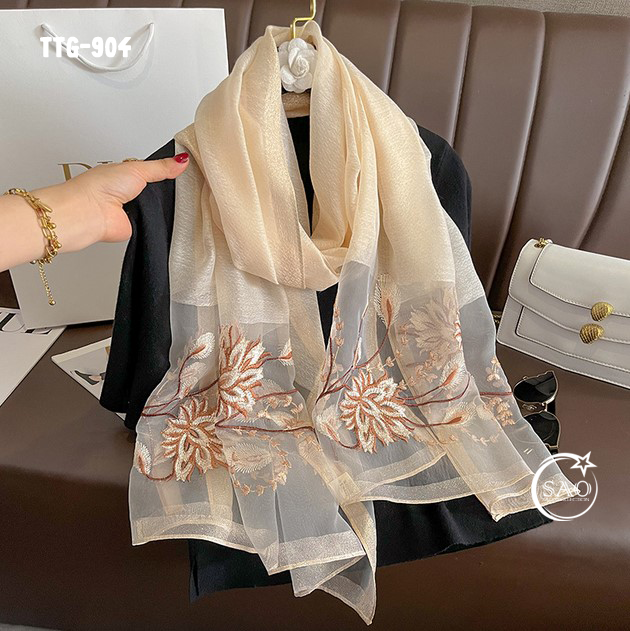 Khăn Choàng Tơ Tằm Gân Thêu Hoa Cao Cấp (TTG904)