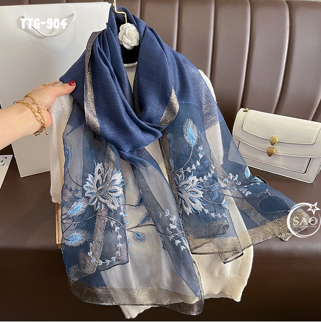 Khăn Choàng Tơ Tằm Gân Thêu Hoa Cao Cấp (TTG904)