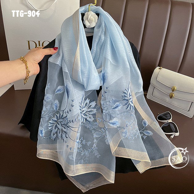 Khăn Choàng Tơ Tằm Gân Thêu Hoa Cao Cấp (TTG904)