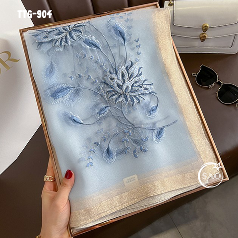 Khăn Choàng Tơ Tằm Gân Thêu Hoa Cao Cấp (TTG904)