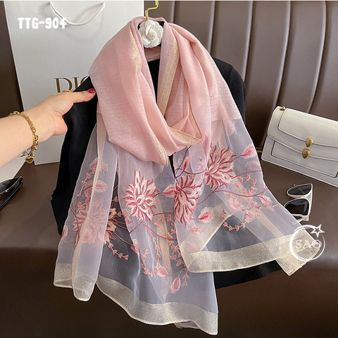 Khăn Choàng Tơ Tằm Gân Thêu Hoa Cao Cấp (TTG904)