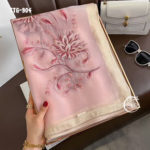 Khăn Choàng Tơ Tằm Gân Thêu Hoa Cao Cấp (TTG904)
